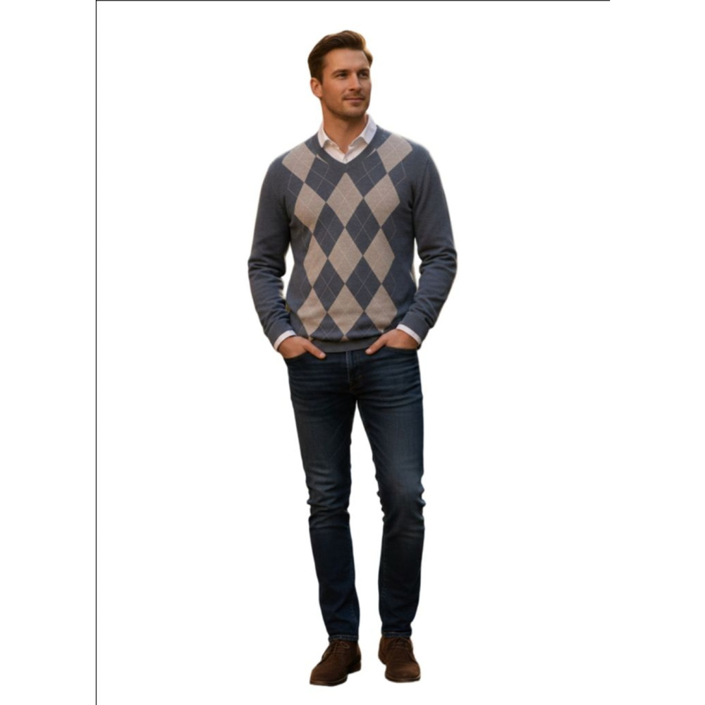 Men's Banana Republic L Blue Beige Argyle V-Neck Sweater